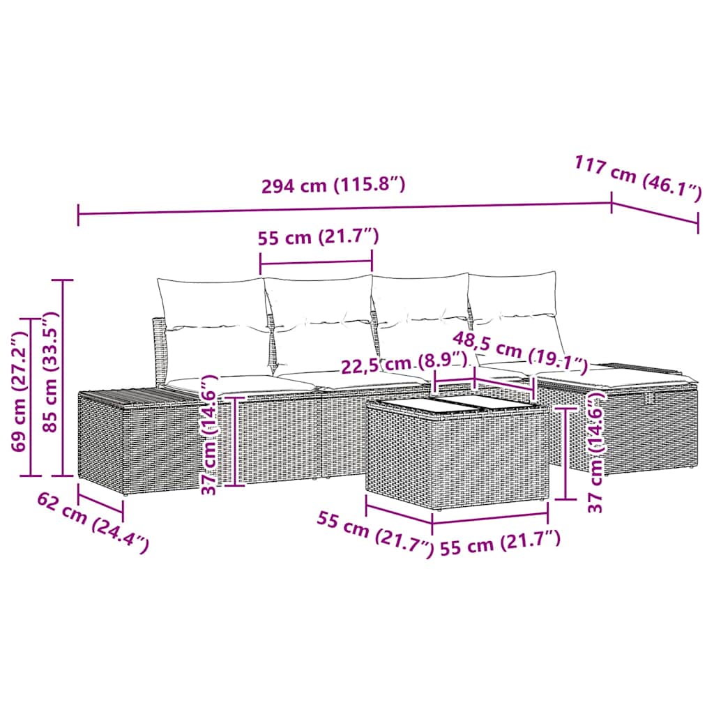 Garten-Sofa-Set mit Kissen 6 pcs Schwarz Poly Rattan